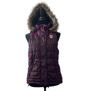 Women’s American Eagle Purple Puffer Vest with Fur Hood Size Large